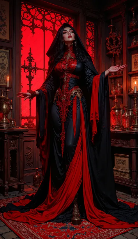 illustration, Kawajiri Yoshiaki's highly detailed visual style; HR Geiger Organic style

, the woman is fully in the frame, in the image and clothes of a witch, she uses dynamic gestures to conjure the deadly magic of a red with black color, looks very sed...