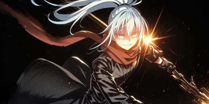 One short male character, around 1.50 meters tall, similar in height to Rimuru Tempest. Adolescent boy with youthful, provocative face — same face style as Sylpha Langlis from Tensei Shitara Dai Nana Ōji. Long, bright white hair tied in a high ponytail, lo...
