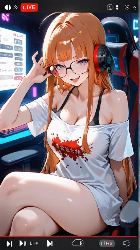 masterpiece, SUPER HIGH RESOLUTION,1 girl,Sakura Futaba,naughty face,blunt bangs, Straight hair,hair intakes,Sexy shoulders,Oversized T Shirt,Sit with your legs crossed in a gaming chair,headsets,cagivp, livestream, chat log, user interface,live streaming,...