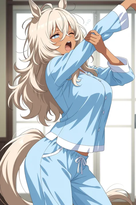 masterpiece, best quality, amazing quality, very aesthetic, safe, from side, horse girl, mature female, yawning, stretching, one eye closed, contrapposto, light blonde hair, slightly messy hair, long hair, hair between eyes, light blue eyes, white pupils, ...