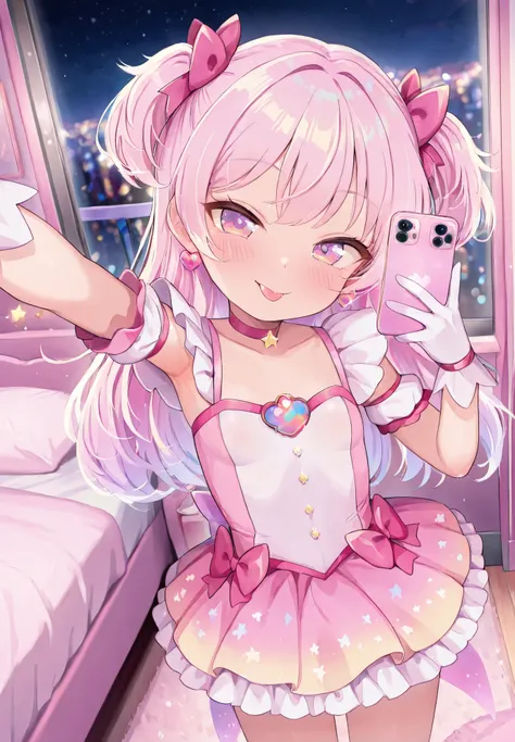 1girl,solo, magical girl, (((young))), cute magical outfit, taking a selfie with an iphone, v, tongue out, alluring atmosphere, colorful girly bedroom, night time, cinematic lighting, BREAK, masterpiece,top quality,warm color,high resolution,high fashion,a...