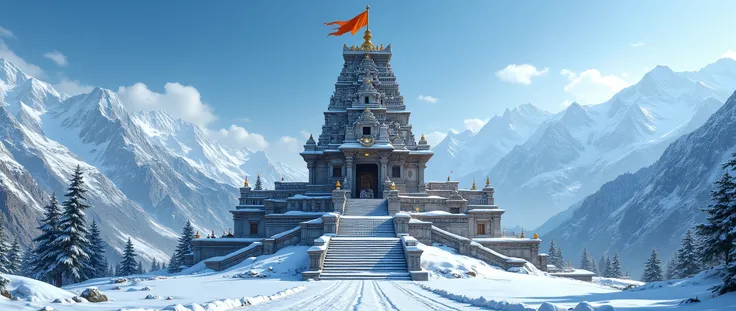 “An ultra-realistic cinematic front-facing photoshoot of a majestic Hindu temple high in the Himalayas, standing tall against snow-covered mountains. The temple is built in traditional South Indian style with intricate stone carvings, a towering gopuram, a...