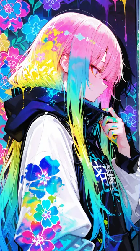 ( Highest Quality),  masterpiece, 8K illustration of a high-definition CG uniform, high collar, extremely high collar saturation,   All colors deepened   , paint,  graffiti art for youth , Center Configuration, Highly detailed lighting , ,floral design bac...