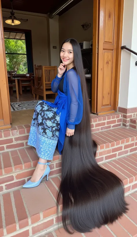 A young Vietnamese girl is in a cafe N-32, Kalaw,Nam . A very cute little girl with pink lips and dimpled cheeks.She is sitting on a brick staircase at the cafe door coffee.She wears traditional Myanmar dress, Wearing a transparent blue robe with black pan...