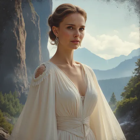 in the image of padme amidala star wars, on him white suit, hair collected , against the background of the cosmic sky, mountains and forests, , everything seems to be in haze and light colors