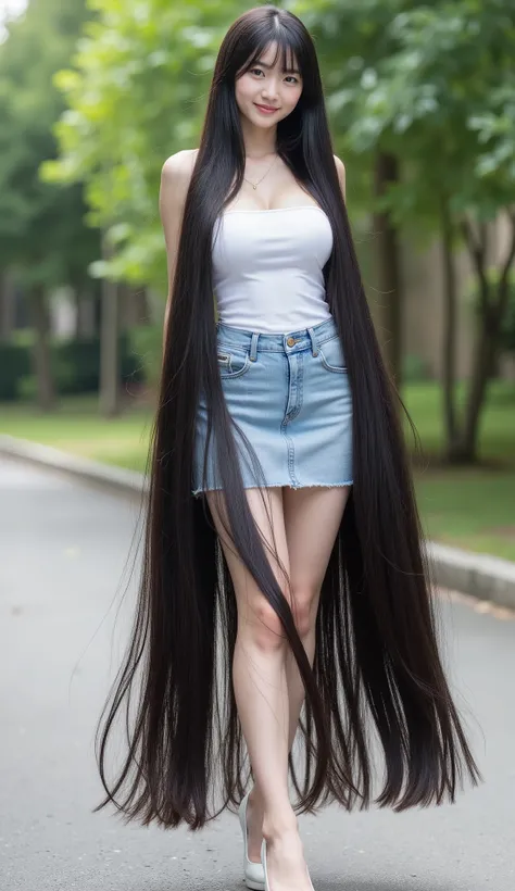 Very cute and young Asian girl with dimples.she is standing .She wears a sleeveless and strapless white tube dress very tight , fitted tight denim mini skirt and white high heel. She has the longest black hair .She has the longest light black hair up to 32...
