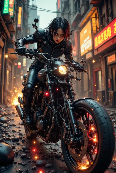 nistyle, a_skynet_cyberdyne_craft, the image is featuring a Japanese goth woman (leather jacket, leather trousers, long flowing hair, dark eyeshadow, red lips) riding a Cyberdyne superbike with a skull mounted on the handlebars, adorned with intricate, met...