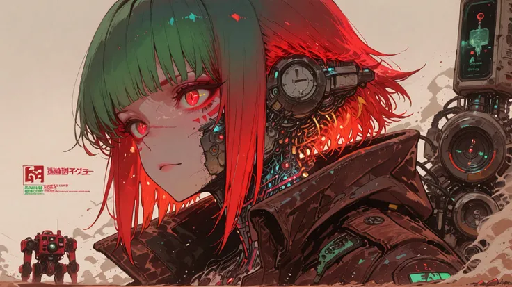 NOMAD-SUNRISE WASTELAND-COFFEE, attractive cyberpunk girl, perfect future style, colorful undercut hairstyle with neural implants, dust-worn leather jacket with tribal tech patterns, perfect desert dawn, customized 4x4 vehicle with solar panels and combat ...