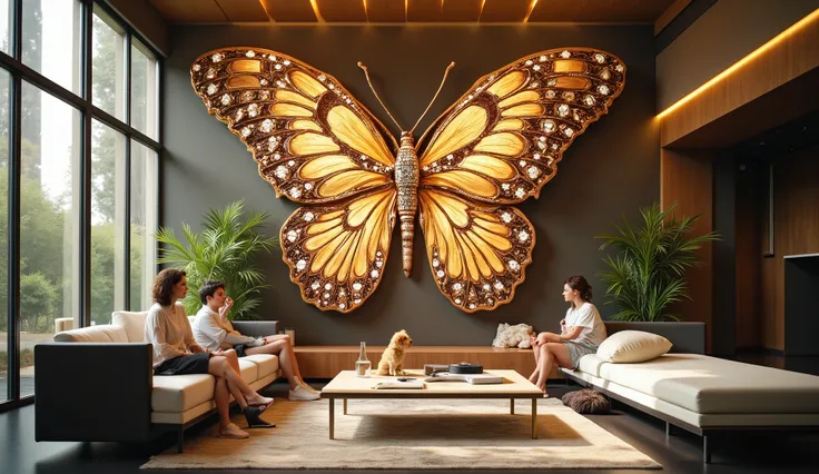 A luxurious modern living room bathed in soft natural light, featuring an enormous, intricate butterfly wall art as the centerpiece. The butterfly wings are highly detailed with gold filigree, gemstones, and delicate floral motifs, shimmering with realism ...
