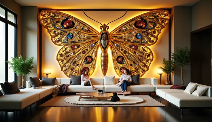 A luxurious modern living room bathed in soft natural light, featuring an enormous, intricate butterfly wall art as the centerpiece. The butterfly wings are highly detailed with gold filigree, gemstones, and delicate floral motifs, shimmering with realism ...