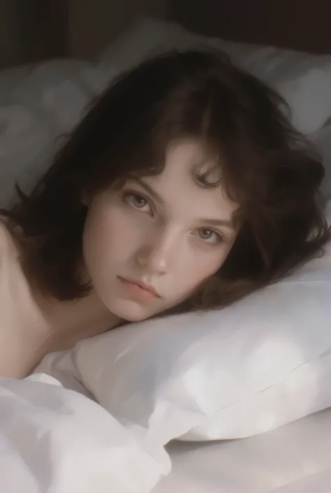 18 year old brunete medium hair Carmen Winstead looks at me in the bed closely knowing that she loves me