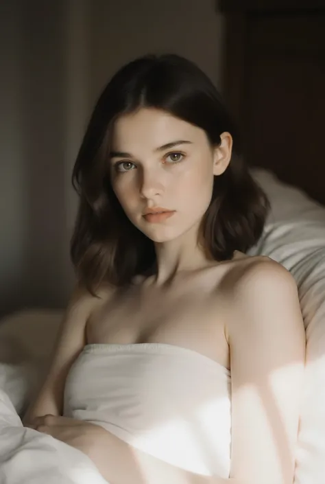 18 year old brunete medium hair Carmen Winstead looks at me in the bed closely knowing that she loves me.naked fully