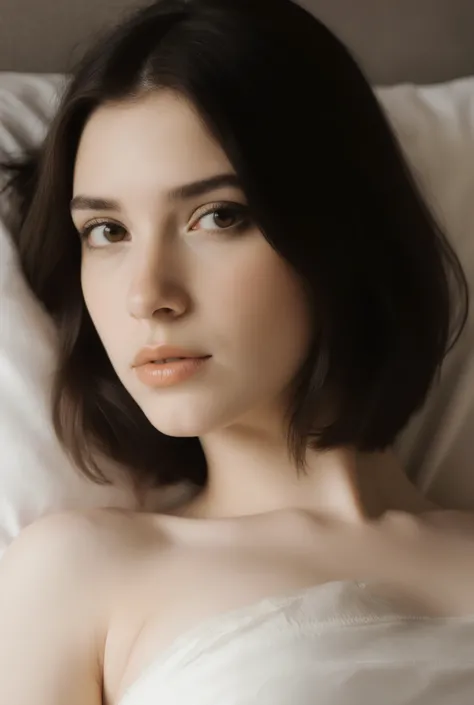 18 year old brunete medium hair Carmen Winstead looks at me in the bed closely knowing that she loves me.naked fully