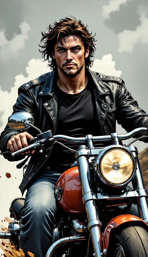 Create a detailed oil painting in the dark fantasy style depicting Sylvester Stallone as a middle-aged man driving a Harley-Davidson at breakneck speed. He has a stern, tired expression, dark disheveled hair, and is wearing a black leather jacket, unbutton...