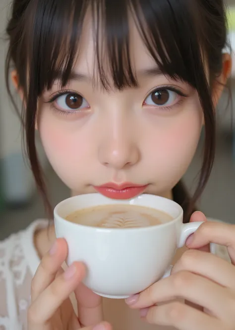 An extremely cute Japanese girl showing fair skin, coffee cup、Her mouth is on a cup、very real, これは非常にDetailedデジタル写真です、 Pro Photographer Shooting、perfect lighting、beautiful perfect hands、close-up photo、Detailed