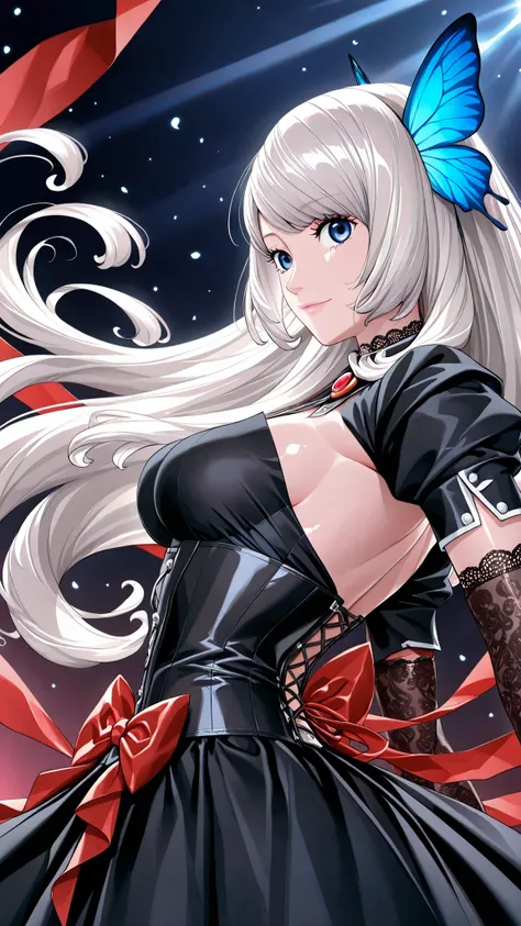 solo, Luise Meyrink,white hair, blue eyes,blue butterfly hair ornament,very long hair, Tight waist、Small waist、shiny Skin ,  (upper body), light smile,  gothic theme, shoulderless black velvet blouse with layered puff sleeves, deep red ribbon brooch, shiny...