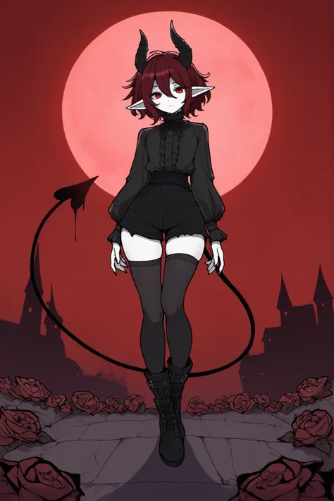 masterpiece , best quality , amazing quality , very aesthetic, girl, white skin, pale skin, tall, rounded elf ear, red eyes, drooping eyes, cold look, white pupil, feline pupil, short hair, small length, slightly messy hair, dark red hair, bangs, sharp can...