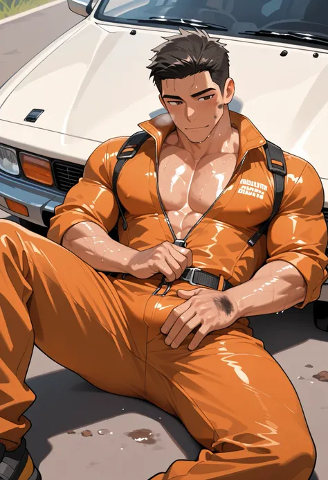 Solo male, handsome, Muscular, big pecs, asian skin, black hair, Blusher, seductive looks, dark brown eyes, short hair, Dirt is on my face, auto mechanic, lying on the floor, repairing a car, unzipping his clothes, arms and legs spread, jumpsuit, a spanner...