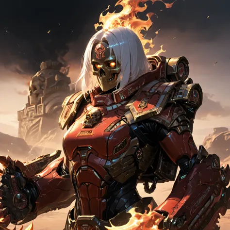 (ultra quality:1.3), masterpiece, (highly detailed), HDR, 8k, 1girl, solo, Necrosphinx centaur in red power armor, female upper body, power source backpack, skull with flame white hair, large claw hand (weapon)