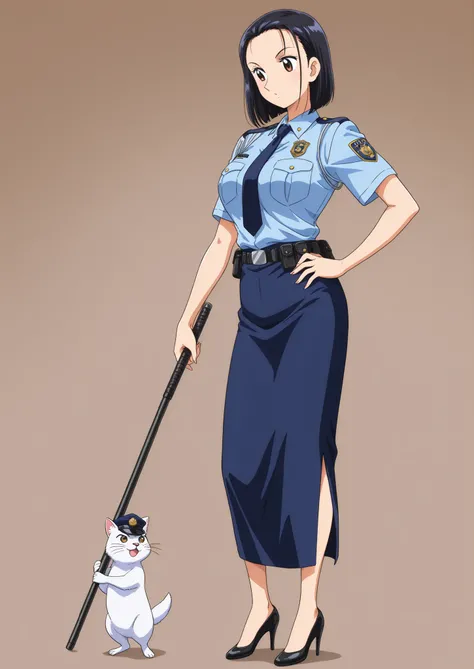 Top quality, masterpiece, original anime, 1 female, (solo),saotome rika, black hair, bob hair, center part, forehead, kochikame, mini skrit, police coutume, black high heel, full body