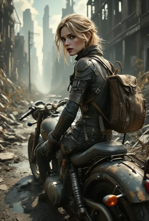 super realistic pictures , masterpiece, Detailed Repair Parts, Realistic Textural Expression, Desolate Worldview, City of Ruined Skyscrapers, Next to the road, terrible, riding an old board block, Scenery of a Girl Riding a Heavy and Accurate Classic Motor...