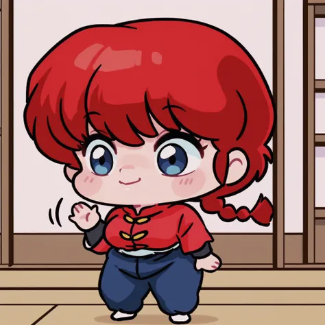 Ranma Saotome, cabello rojo, hair with a braid, blue eyes, Big breasts, NSFW,  sexy hips, sexy waist, red shirt with yellow buttons, blue pants, Japanese Dojo , looking at the spectator, by day, waving with one hand, one hand up, happy, closed mouth, alone...