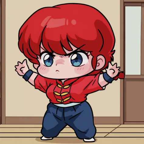 Ranma Saotome, cabello rojo, hair with a braid, blue eyes, Big breasts, NSFW,  sexy hips, sexy waist, red shirt with yellow buttons, blue pants, Japanese Dojo , looking at the spectator, by day, arms raised,  force gesture , shown muscles, strong, I would ...