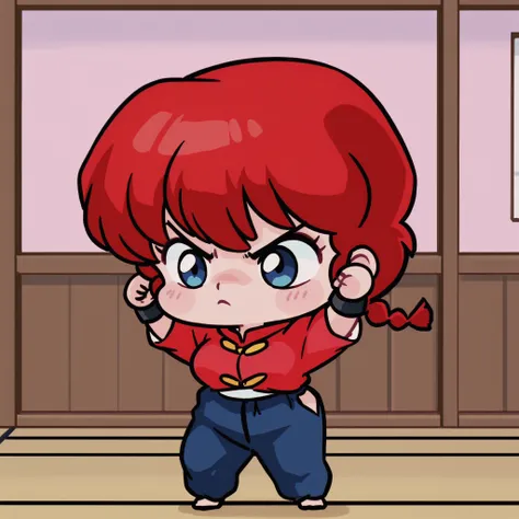 Ranma Saotome, cabello rojo, hair with a braid, blue eyes, Big breasts, NSFW,  sexy hips, sexy waist, red shirt with yellow buttons, blue pants, Japanese Dojo , looking at the spectator, by day, arms raised, shown muscles, strong, I would be, focused look,...
