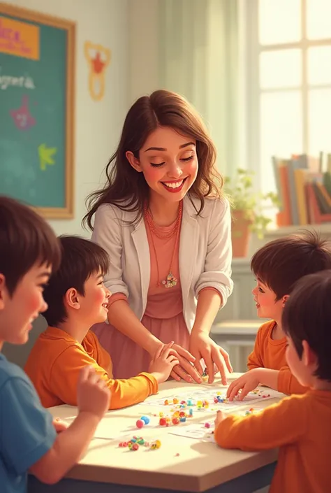 “Realistic digital illustration of a teacher playing and laughing with her students in a colorful and inclusive classroom. Everyone happily participates in an educational activity. The scene transmits joy, enthusiasm and confidence. warm and soft tones, lu...