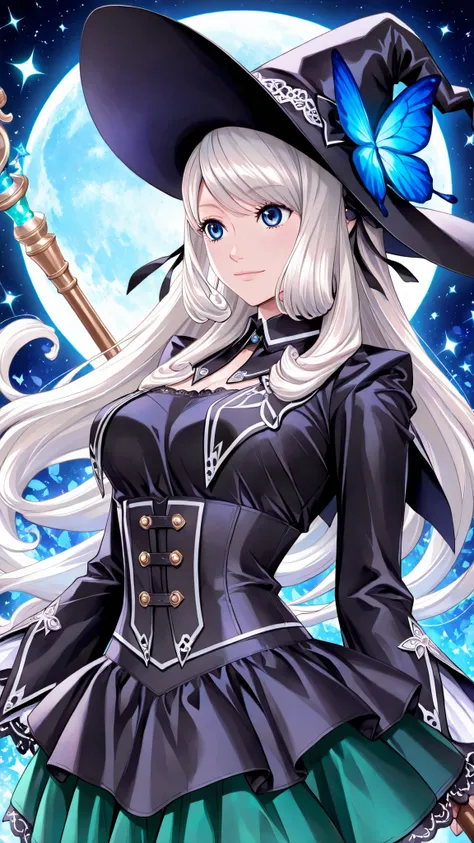 solo, Luise Meyrink,white hair, blue eyes,blue butterfly hair ornament,very long hair, Tight waist、Small waist、shiny Skin ,  (upper body), light smile,  art by seto yuuki, A cute anime woman dressed as a charming witch with black cat, wearing a large point...