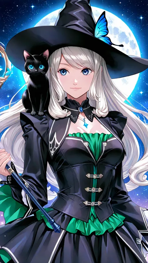 solo, Luise Meyrink,white hair, blue eyes,blue butterfly hair ornament,very long hair, Tight waist、Small waist、shiny Skin ,  (upper body), light smile,  art by seto yuuki, A cute anime woman dressed as a charming witch, A black cat sits on her shoulder, we...