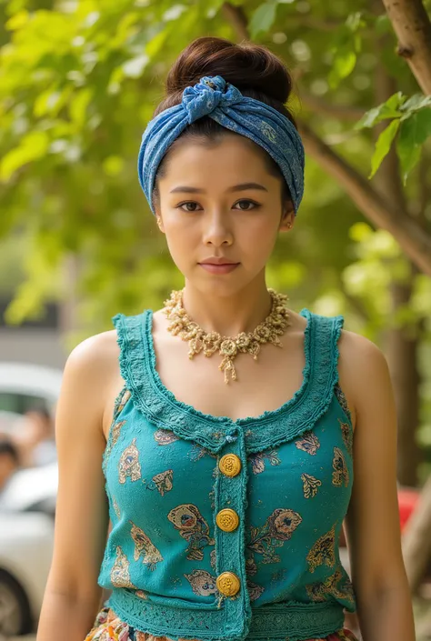 A woman is captured in an outdoor setting, bathed in natural sunlight. She is wearing a sleeveless, teal-blue top adorned with intricate patterns and textured fabric, which is fastened with gold buttons. Her hair is styled in a neat bun, secured with a blu...