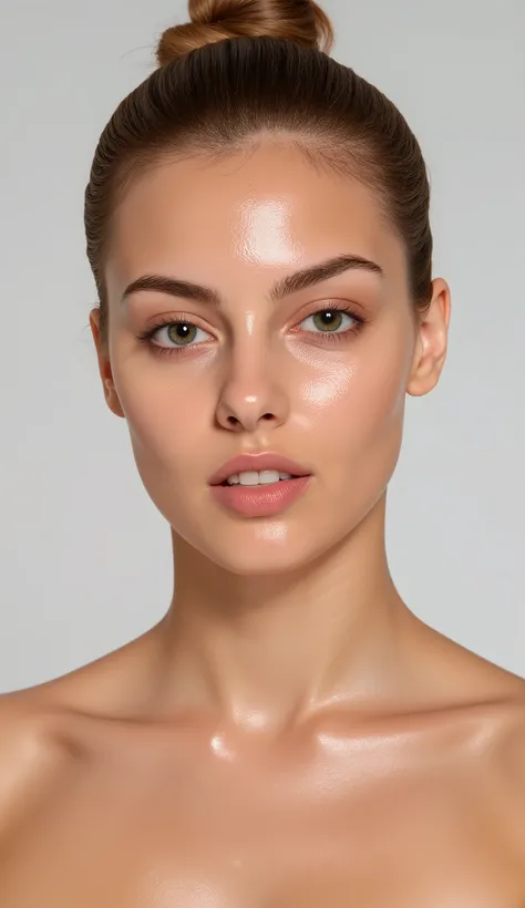 shiny skin style,front photo, hair is neatly tied up in a hairbun, no strand hair, young Marina Bondarko, , bright front lighting on her face, no shadows on her face, realistic skin