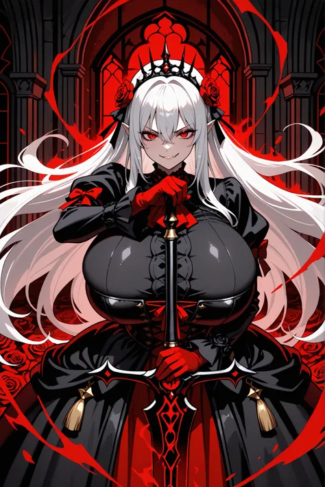 masterpiece,best quality,amazing quality,very aesthetic,absurdres,newest,1girl,bangs,vampire fangs,pointed ears,roses,hair between eyes,hair rose,hair ornament,(holding a sword), gigantic breasts,gothic medieval dress,long white hair,long sleeves,looking a...