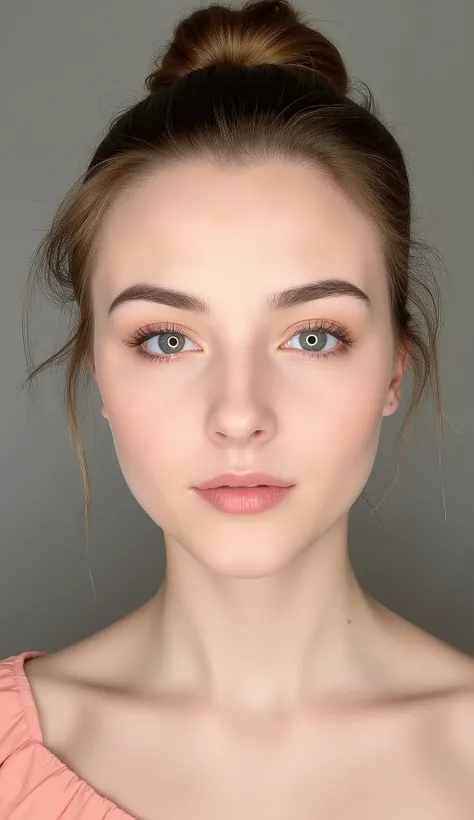 The photograph is taken with a ring light, which creates a soft, even lighting effect around her face, highlighting her features.,front photo, centered photo, head is symmetrical,  hair is neatly tied up in a hairbun, no strand hair, young Marina Bondarko,...