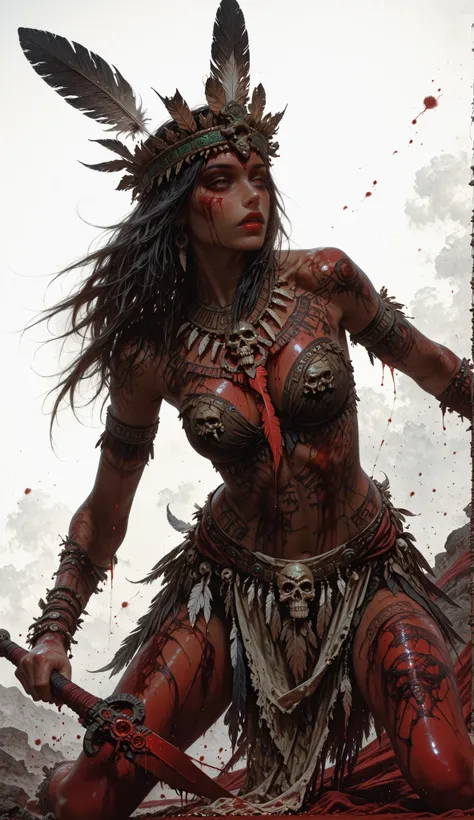 A hyperrealistic digital painting of a beautiful Aztec shaman, with a sexy body, cloth clothing, a crown of bones and feathers, and body paint, covered in blood, performing a sacrifice. Her pose and angle are dynamic, reflecting both seduction and terror.
