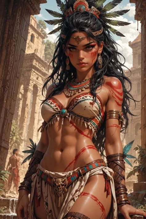 A hyperrealistic digital painting of a beautiful Aztec shaman, with a sexy body, cloth clothing, a crown of bones and feathers, and body paint, covered in blood, performing a sacrifice. Her pose and angle are dynamic, reflecting both seduction and terror.