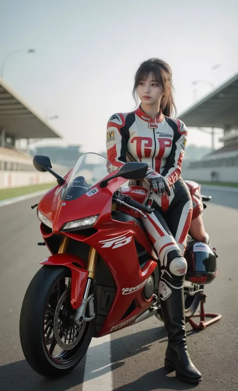 ultra realistic, highly detailed, cinematic lighting, a beautiful young woman standing beside a powerful superbike on a racing circuit, wearing a full racing suit with gloves and boots, holding a motorcycle helmet against one arm, confident and stylish pos...