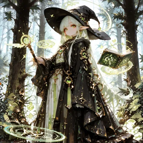 Best Quality, masterpiece, Perfect Details, beautiful elf witch, long pointed ears, mysterious green eyes, has long silvery hair, Black Wizard's Robe, Gold Jewelry, Magic Wand, Floating Magic Circle, Ancient magic book, Magical Forest , under the moonlig...