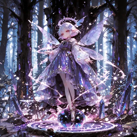super resolution, Superb Quality, RAW photos, Fairy Elf Witch, Purple Gradation Head, Sleek Features, Embroidered Magic Gown, Crystal Ball Necklace, Magic Light, Ancient Magic Circle, Mysterious Mist, Magical Particles, Forest Altar with Moonlight, Floatin...