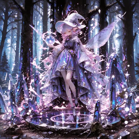 super resolution, Superb Quality, RAW photos, Fairy Elf Witch, Purple Gradation Head, Sleek Features, Embroidered Magic Gown, Crystal Ball Necklace, Magic Light, Ancient Magic Circle, Mysterious Mist, Magical Particles, Forest Altar with Moonlight, Floatin...