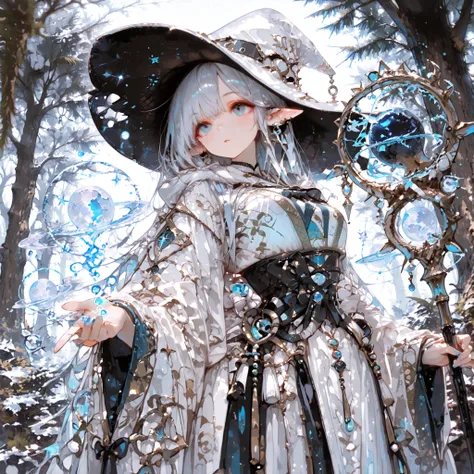 Best quality. Masterpiece. Perfect detail. Elf witch. Witch hat. Waist shot. Medium breast. Blue eyes like the deep sea. Silver hair. Natural robe. A staff. Ancient magic circles. Under the Moon. Magical forest. Grimores. Old trees.
