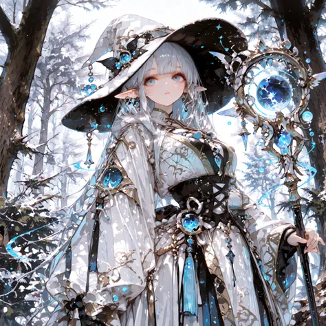 Best quality. Masterpiece. Perfect detail. Elf witch. Witch hat. Waist shot. Medium breast. Blue eyes like the deep sea. Silver hair. Natural robe. A staff. Ancient magic circles. Under the Moon. Magical forest. Grimores. Old trees.