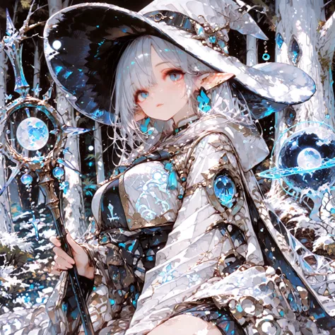 Best quality. Masterpiece. Perfect detail. Elf witch. Witch hat. Breast shot. Medium breast. Blue eyes like the deep sea. Silver hair. Natural robe. A staff. Ancient magic circles. Under the Moon. Magical forest. Grimores. Old trees.