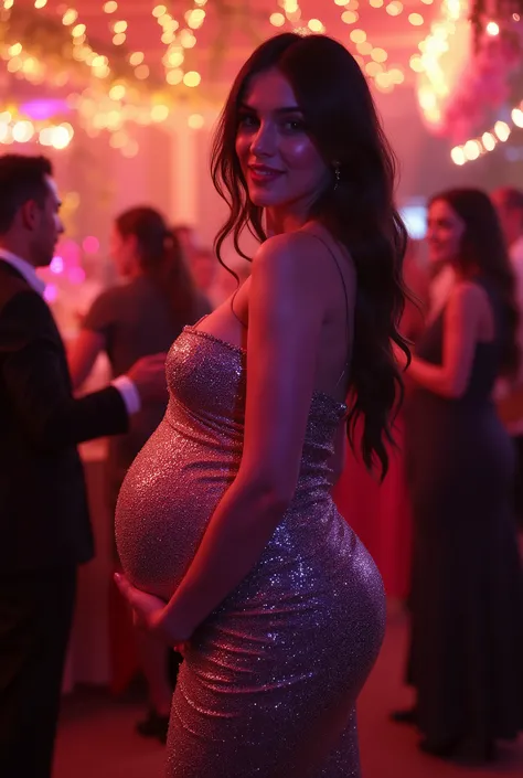 pregnant, tight maxi dress, party, big breasts, round ass