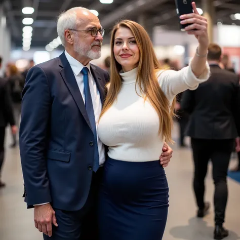 
A 40 years old very beautiful hostess on a trade fair, long dark blonde hair falling a little erotically over her left shoulder, small pregnant belly, she has huge massive low hanging sagging big breasts , ihre extrem riesigen und schweren Brüste hängen b...