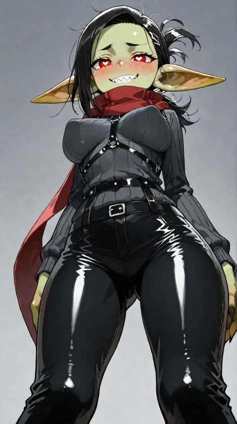 masterpiece, best quality, ultra detailed, 8k, high resolution, professional photography, cinematic lighting, intricate details, sharp focus, 1 girl solo. Goblin girl, long ears, short stature, small girl, sharp teeth, fang, olive green skin, red eyes, bla...