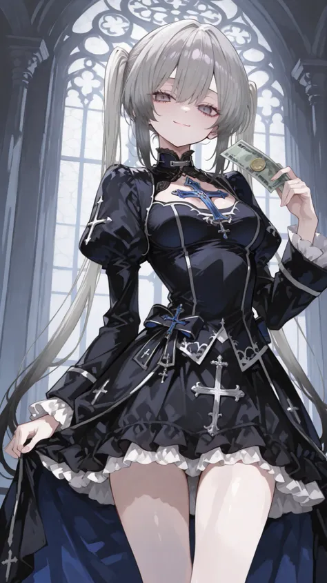 girl,, gray hair,in blue eyes,, twin tails,Gothic priest, middle breasts,Hold money,smile,black highlights,Gradient hair,slim,Gothic Skirt,Slim legs,standing