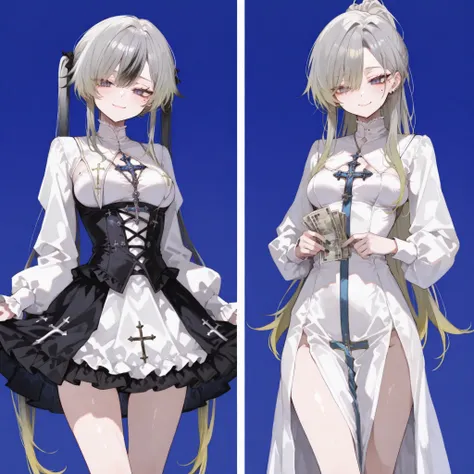 Couple photo,(girl,yellow hair,in blue eyes,ponytail, Middle breasts,long hair, White Nun Dress,Gothic White,Mole under the eye,black highlights,Gradient hair,standing,Gothic Skirt,Slim legs,,Flared skirt,Gyaru,cute,)blue background,,(girl,, gray hair,in b...