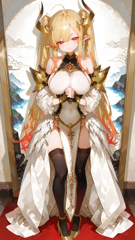 battlemage_neopresencia,1girl,Mature female,White Simple Dress.solo,gradient hair,blonde hair,long hair,ahoge,red eyes,horns,twintails,pointy ears,feathers,gold trim,armor,detached sleeves,bare shoulders,high heels,yellow footwear,black thighhighs,gloves,f...